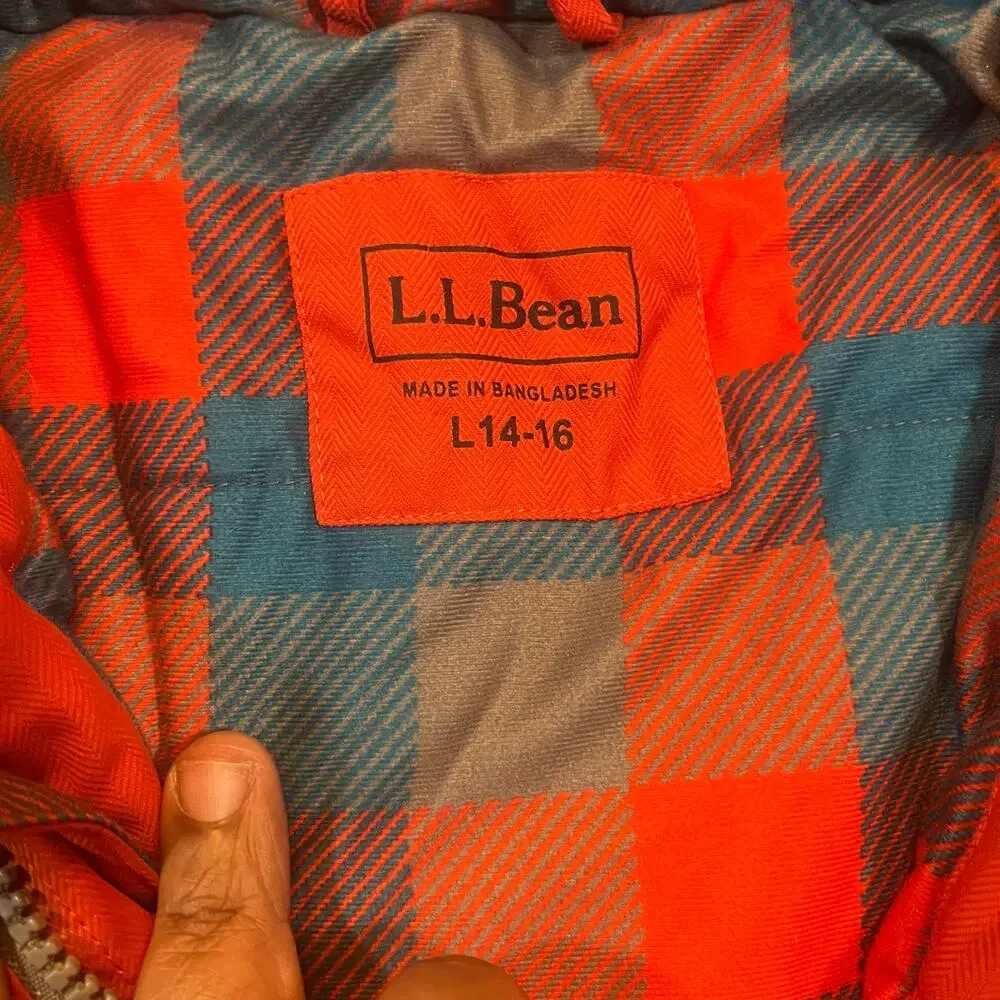 L.L. Bean Boys Hooded Winter Parka Red Orange Plaid Lined‎ Jacket Size L 14-16